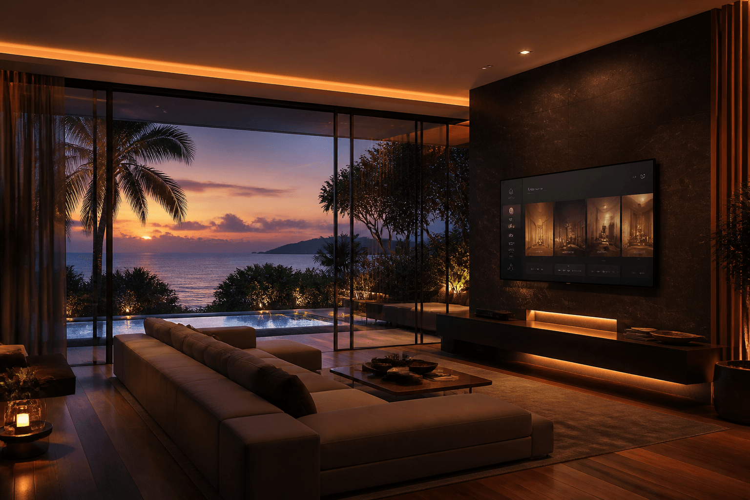 Ambiente smart home com vista para o litoral