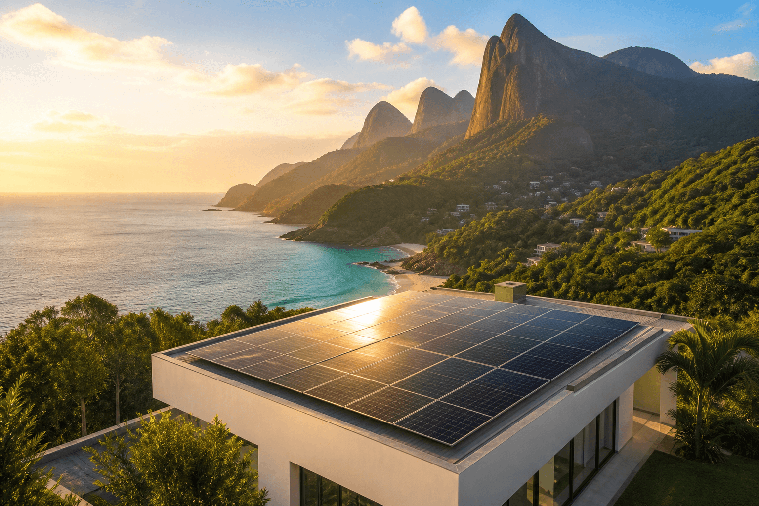 Painéis solares em cobertura contemporânea